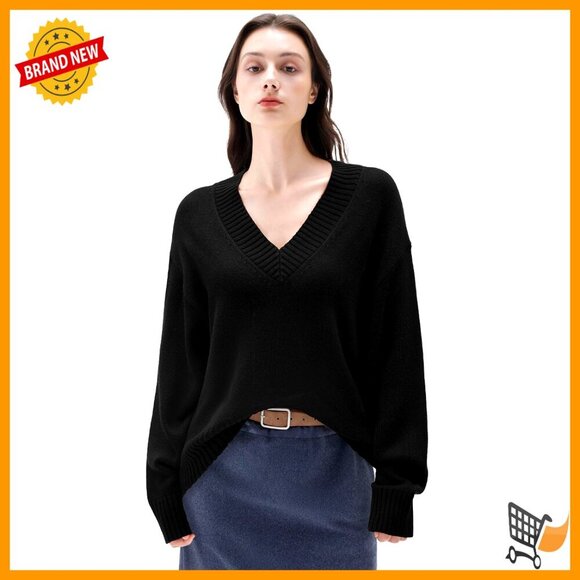 Sweaters - Cashmere Blend Oversized V Neck Pullover Sweater Chunky Knit Cozy Minimal
